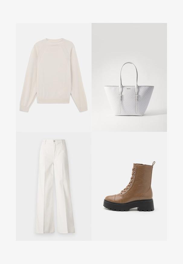 Gaiši krēms svīteri, kas izgatavots no mīksta, adīta auduma. Iespējas: apaļš kakls, garas piedurknes un ribotas aproces un apakšmalas ar raglanu piedurkņu dizainu.; Baltas platfita bikses, izgatavotas no kokvilnas ar gludu tekstūru. Aprīkotas ar priekšējo pogu, rāvējslēdzēju un četru kabatu dizainu.; Brūnas mākslīgās ādas potīšu zābaki ar masīvu melnu zoli, apaļu purngalu, priekšējo saistīšanu un cilpu aizmugurē. Tekstūru virsmas detaļa.; Tote soma ar baltu monogrammu, gludu tekstūru un sudraba aparatūru. Tam ir divas izturīgas rokas un sarukuma forma.