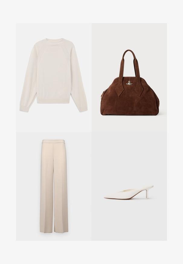 Light cream sweater made of soft, knit fabric. Features a crew neck, long sleeves, and ribbed cuffs and hem with raglan sleeve design.; Beige wide-leg pants in a smooth fabric, featuring a high waist and subtle front pleats. No pockets or visible hardware details.; Pointed-toe white mule with a low stiletto heel. Made of smooth material with a minimalist design and subtle tan sole detail.; Brown suede handbag with a structured shape, rounded body, and elongated diamond-shaped handles. Features a silver hardware closure.