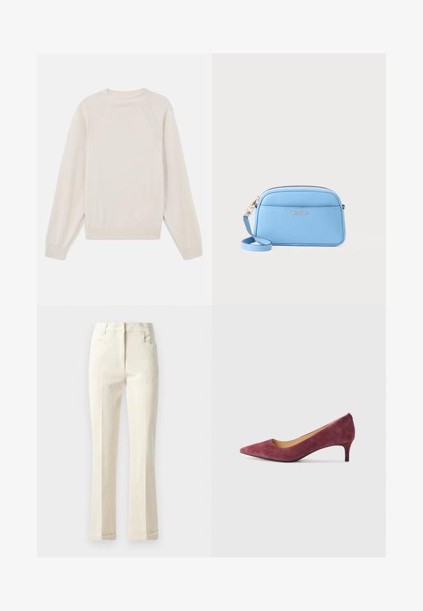 Hele koorvalge kampsun, mis on valmistatud pehmest kudumiskangast. Omab ümarat kaelust, pikki varrukaid ning soonikuga mansette ja äärt, koos raglaansleeve kujundusega.; Beige sirged püksid, mis on valmistatud puuvillasegistusest, omades keskelt tõstetud taljejoont, esi-taskuid ja peent tekstuuri pinnal.; Burgundia sametist kõrge kontsaga kingad terava kerkega, madal konts ja sile sisemine vooder. Tekstuuriga välimus ja sujuv, klassikaline disain.; Hele sinine nahast ristiõlakott kuldse viimistlusega, tõmblukk, ja eesmine tasku. Omab reguleeritavat rihma mugavuse tagamiseks.