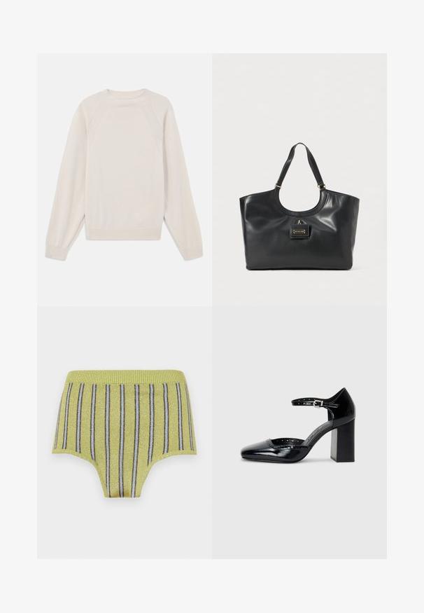 Lys kremfarget genser laget av myk strikket stoff. Har rund hals, lange ermer, og ribbestrikkede mansjetter og kant med raglanermer.; Gule ribbede truser med glitrende gulltråder og vertikale blå og brune striper. Har en bred elastisk linning og en jevn tekstur.; Sorte lakk lær høye hæler med firkantet tå, ankelrem og chunky hæl. Inkluderer perforerte detaljer langs kanten.; Svart lær toteveske med en blank overflate, buet topp, to skulderremmer og en akse av gulltone foran.