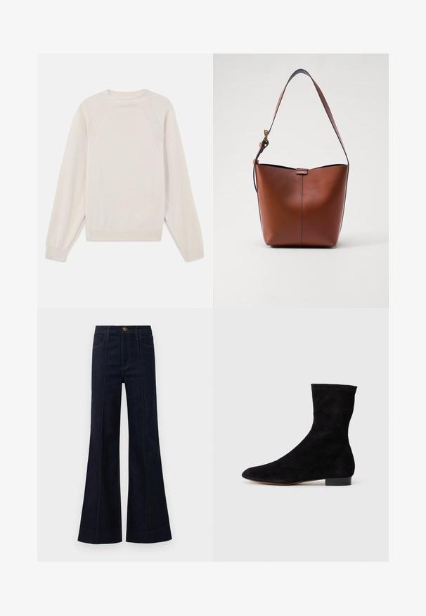 Lichtcreme trui van zacht, gebreid stof. Heeft een ronde hals, lange mouwen en geribde manchetten en zoom met raglanmouwen.; Donkerblauwe denim flare jeans met hoge taille, frontzakken en zichtbare stiksels. De stof heeft een gladde textuur en een gestructureerde vorm.; Zwarte suède enkelboot met een aansluitende schacht, puntige neus en een lage blokhak. Gladde textuur en minimalistisch ontwerp, geschikt voor veelzijdige styling.; Bruine leren schoudertas met een gebogen vorm, gladde textuur en een enkele dunne schouderband. Heeft een subtiele naad en een klein logo-detail.