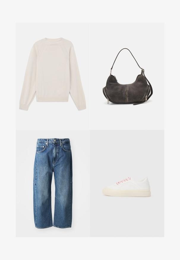 Gaiši krēms svīteri, kas izgatavots no mīksta, adīta auduma. Iespējas: apaļš kakls, garas piedurknes un ribotas aproces un apakšmalas ar raglanu piedurkņu dizainu.; Zilas džinsu bikses ar brīvu, platām kājām, ar priekšējiem kabatām, pogu un rāvējslēdzēju, kā arī vieglu izbalināšanu ceļgalos.; Baltas sporta apavi ar rozā šņorēm, ar gludu ādas dizainu, apaļo purngalu un bežīgu gumijas zoli, ietver šuvju detaļas.; Tumši pelēkā zamšā izstrādāta hobo soma ar izliekta formu, augšējo rokturi un sānu rāvējslēdzējiem ar metāla pievelkamajiem. Gluda tekstūra un redzamie šuvju akcenti.