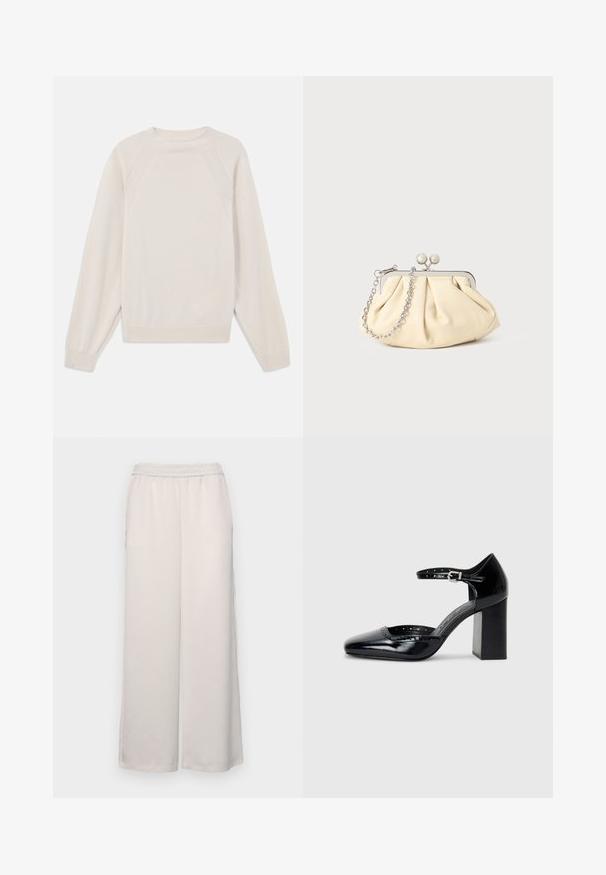 Pulover bej dintr-un material moale, tricotat. Dispune de guler rotund, mâneci lungi și cusături ribbate la mansete și la tiv, cu un design al mânecilor tip raglan.; Pantaloni largi de culoare bej deschis, cu talie elastică. Material neted, lungime completă, fără ornamentații sau modele vizibile.; Pantofi cu toc înalt din piele lăcuită neagră, cu vârf pătrat, curea pentru gleznă și toc gros. Include detalii perforate de-a lungul marginii.; Clutch din piele plisată bej, cu un cadru din metal argintiu, având două închideri decorative rotunde și o curea din lanț argintiu.