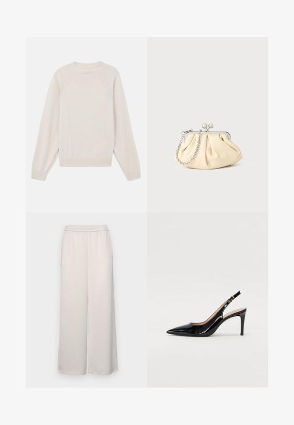 Pull léger en crème, fabriqué en tissu tricoté doux. Présente un col rond, des manches longues, et des poignets et un ourlet côtelés avec un design de manches raglan.; Pantalons amples beige clair avec une taille élastique. Tissu lisse, longueur pleine, sans embellissements ni motifs visibles.; Pompe slingback en cuir verni noir avec un bout pointu, un talon fin et un design de découpes subtil. Elle dispose d'une boucle dorée sur la sangle.; Pochette en cuir beige plissé avec un cadre en métal argenté, dotée de deux fermoirs ronds décoratifs et d'une chaîne en argent.