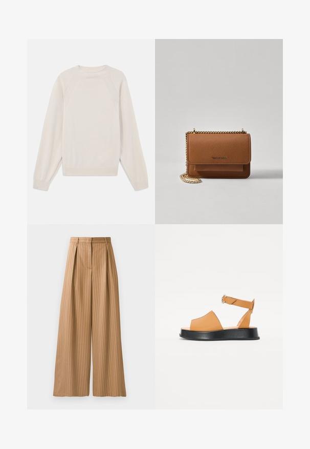Light cream sweater made of soft, knit fabric. Features a crew neck, long sleeves, and ribbed cuffs and hem with raglan sleeve design.; Wide-leg trousers in a tan fabric with vertical white stripes. Features pleats at the waist and a smooth texture.; Tan leather sandal with a wide front, open toe, adjustable strap, and a thick black platform sole. Smooth texture and minimal design.; Brown textured leather crossbody bag with gold chain strap and flap closure. Front features logo detail and a pocket under the flap.