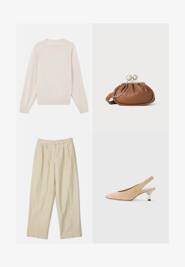 Light cream sweater made of soft, knit fabric. Features a crew neck, long sleeves, and ribbed cuffs and hem with raglan sleeve design.; Beige linen trousers with a wide-leg design, featuring front pleats, side pockets, and a smooth texture. Classic cut and versatile style.; Beige suede slingback shoe with a pointed toe and a transparent, rounded heel. Smooth texture and minimalist design.; Brown leather clutch purse with silver ball clasp and a small silver chain detail on a white background.