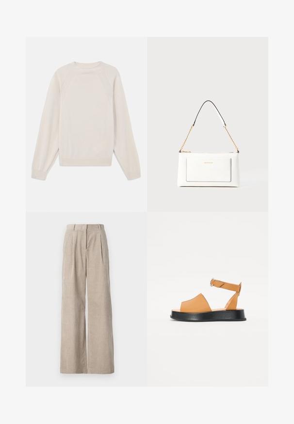 Lys kremfarget genser laget av myk strikket stoff. Har rund hals, lange ermer, og ribbestrikkede mansjetter og kant med raglanermer.; MAX&Co. LIGURIA - Bukse - beige; Brune lær sandaler med bred forkant, åpen tå, justerbar stropp og tykk sort plattformsåle. Glatt tekstur og minimalistisk design.; Hvit lærveske med teksturert overflate, utstyrt med gullkjede for å bære over skulderen og svarte detaljer. Inkluderer en frontlomme og glidelås.
