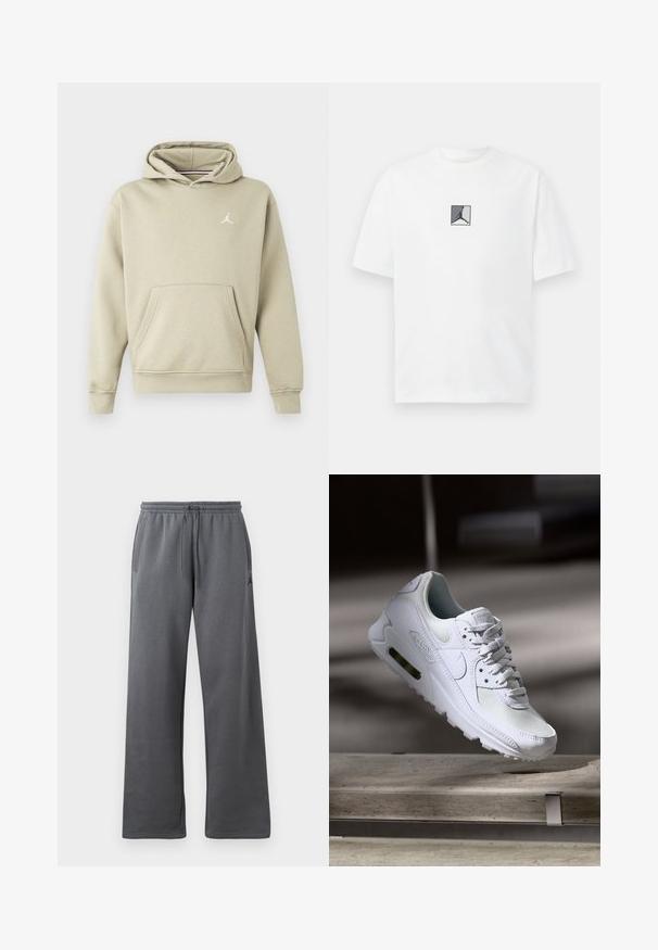 Hoodie in lichtbeige katoenmix, met een voorzak en een wit Jordan-logo op de borst. Zachte textuur, standaard pasvorm.; Witte katoen t-shirt met een centraal zwart en grijs logo grafiek. Klassieke ronde halslijn en korte mouwen met een losse pasvorm.; Grijze sweatpants met een relaxte pasvorm, gemaakt van zachte stof. Voorzien van een elastische tailleband met een koord en zijzakken.; Witte Nike Air Max 90 sneaker met een bovenwerk van mesh en leer, een geperforeerde teenbox en een zichtbare luchtunit in de hiel.