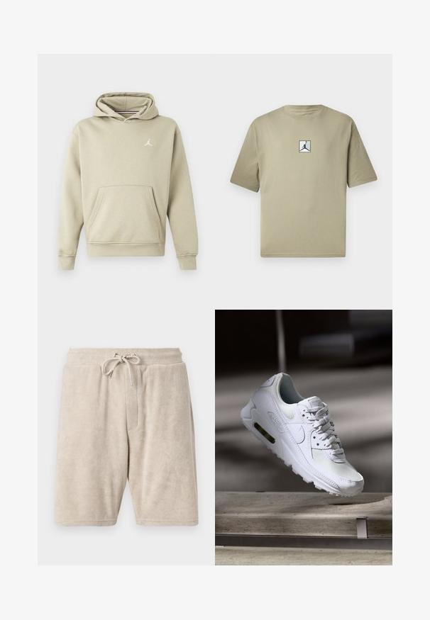 Kapuzensweatshirt aus leichtem beigen Baumwollmix, mit einer Vordertasche und einem weißen Jordan-Logo auf der Brust. Weiche Textur, normale Passform.; Khakifarbene Baumwoll-T-Shirt mit kurzen Ärmeln, das auf der Vorderseite ein kleines schwarzes Jordan-Logo in einem weißen Quadrat zeigt. Einfaches Design und lockere Passform.; Beige Handtuchstoff-Shorts mit einem elastischen Bund und verstellbarem Kordelzug. Mit einer vorderen Tasche und knielangem Design.; Weiße Nike Air Max 90 Sneaker mit einem Obermaterial aus Mesh und Leder, durchlässigem Zehenbereich und einer sichtbaren Air-Einheit in der Ferse.