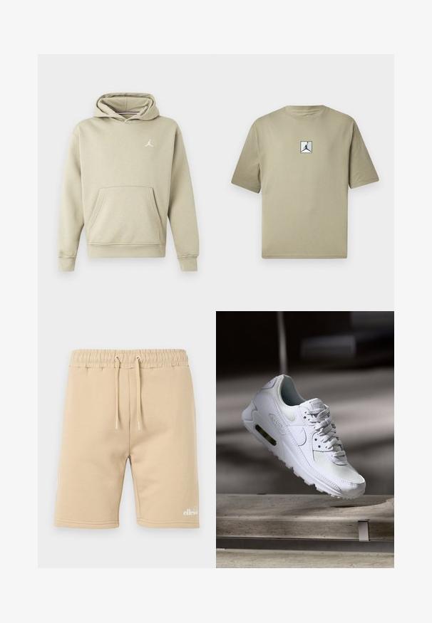 Sudadera con capucha en mezcla de algodón de color beige claro, con un bolsillo frontal y un logo de Jordan blanco en el pecho. Textura suave, corte estándar.; Camiseta de algodón color caqui con mangas cortas, que presenta un pequeño logotipo negro de Jordan dentro de un cuadro blanco en la parte delantera. Diseño sencillo y corte relajado.; Pantalones cortos de algodón beige con cintura elástica, detalle de cordón y un pequeño logo blanco en la parte inferior izquierda. Textura suave.; Zapatilla Nike Air Max 90 blanca con parte superior de malla y cuero, caja de puntera perforada y unidad de aire visible en el talón.