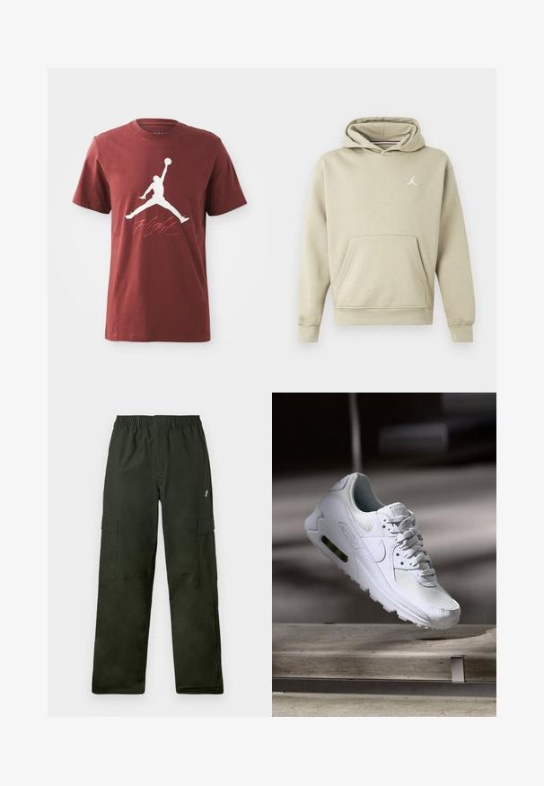 Hettegenser i lyse beige bomullsblanding, med frontlomme og hvit Jordan-logo på brystet. Myk tekstur, standard passform.; Rød bomulls t-skjorte med en hvit Jumpman-logo og "Flight"-tekst i rødt under. Klassisk design med rund hals og korte ermer.; Cargo bukser i mørkegrøn stof med elastisk talje, med to sidelommer og et lille logo foran.; Hvit Nike Air Max 90 sneakers med øvre del laget av mesh og skinn, perforert tåboks og en synlig luftenhet i hælen.