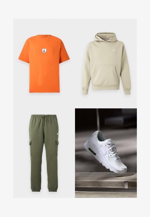 Mikina s kapucí ve světlém béžovém směsovém materiálu, s přední kapsou a bílým logem Jordan na hrudi. Měkká textura, standardní střih.; Oranžové bavlněné tričko s kruhovým výstřihem a krátkými rukávy. Na hrudi se nachází černé logo Jordan v bílém čtverci. Klasický střih.; Olivově zelené cargo kalhoty s elastickým pasem, stahovací šňůrkou, bočními kapsami a značkovým logem na stehně. Hladká směs bavlny.; Bílé tenisky Nike Air Max 90 s vrchním materiálem z textilu a kůže, perforovanou špičkou a viditelnou vzduchovou jednotkou v patě.