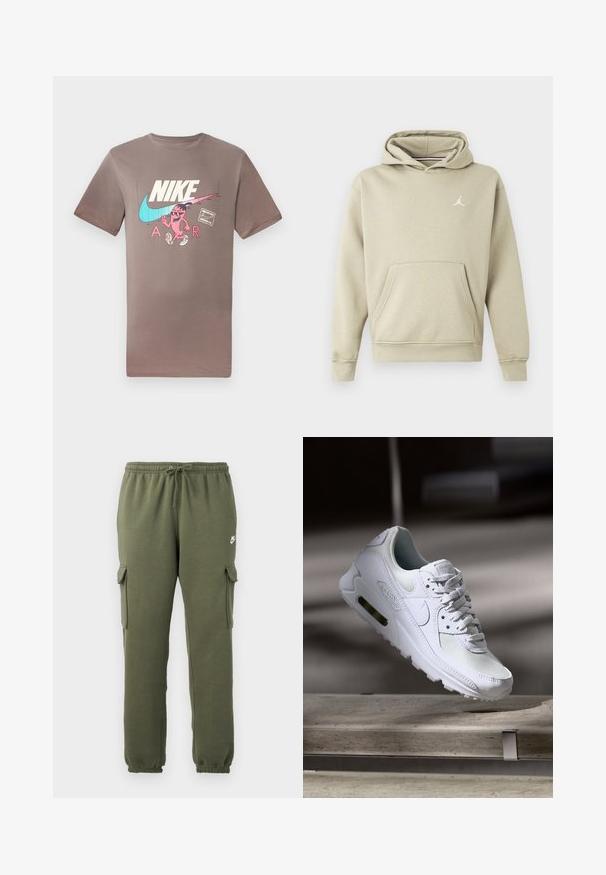 Sweatshirt com capuz em mistura de algodão bege claro, apresentando um bolso frontal e um logotipo branco da Jordan no peito. Textura suave, ajuste padrão.; T-shirt de algodão castanho com um gráfico colorido de um personagem com óculos de sol, ao lado dos logos da Nike e da Air em cores contrastantes.; Calças cargo verde-azeitona com cintura elástica, fecho por cordão, bolsos laterais e logótipo da marca na coxa. Tecido suave em mistura de algodão.; Sapatilha Nike Air Max 90 branca com parte superior em malha e couro, caixa de dedos perfurada e uma unidade de ar visível no calcanhar.