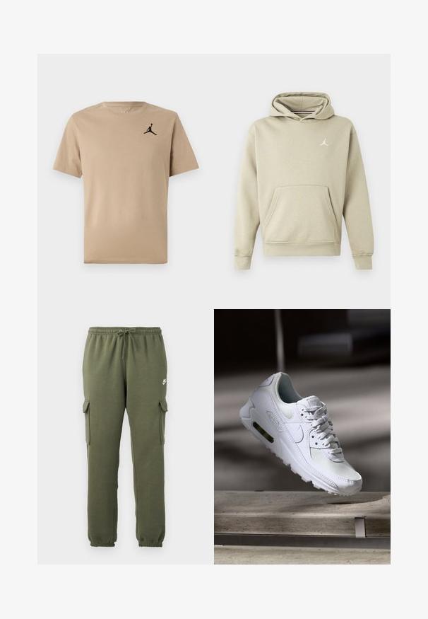 Hætte sweatshirt i lys beige bomuldsblanding med en frontlomme og et hvidt Jordan-logo på brystet. Blød tekstur, standard pasform.; Beige bomulds t-shirt med korte ærmer, udstyret med et sort Jumpman-logo på venstre bryst. En simpel rund halsudskæring og lige kant.; Oliven grønne cargo bukser med elastisk talje, snorelukning, sidelommer og brandet logo på låret. Glat bomuldsblanding.; Hvide Nike Air Max 90 sneakers med en overdel i mesh og læder, perforeret tåboks og en synlig luftenhed i hælen.