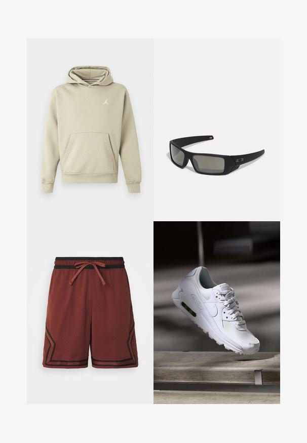 Huvtröja i ljusbeige bomullsblandning, med en framficka och en vit Jordan-logotyp på bröstet. Mjuk textur, normal passform.; Röda atletiska shorts i andningsbart material, med en svart elastisk midjeband och dragsko samt kontrasterande randdetaljer längs sidorna.; Vita Nike Air Max 90 sneakers med en ovandel i mesh och läder, perforerad tåbox och en synlig luftenhet i hälen.; Svarta solglasögon med matt yta, rektangulära linser, lätt kurva vid skalmarna, diskret logotypdetalj och rökfärgade linser.