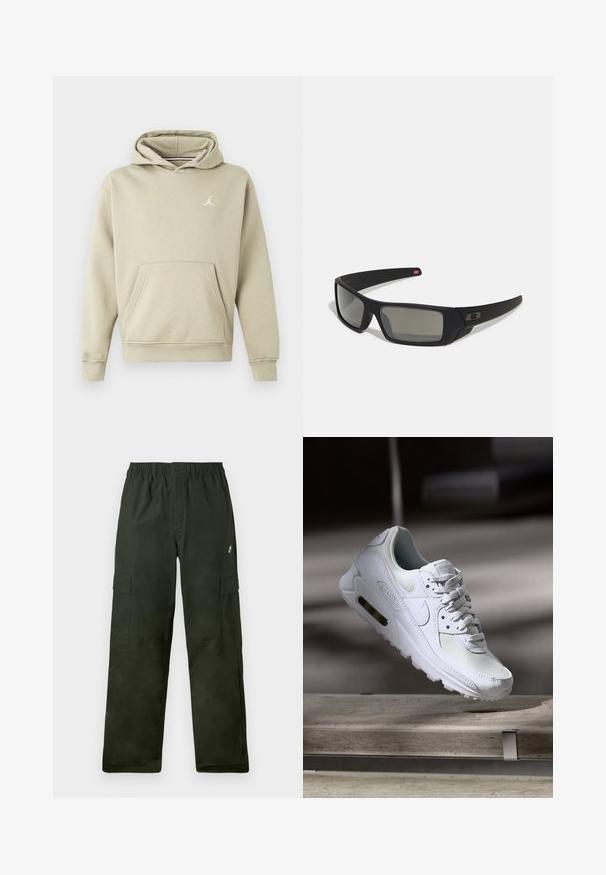 Huvtröja i ljusbeige bomullsblandning, med en framficka och en vit Jordan-logotyp på bröstet. Mjuk textur, normal passform.; Cargo-byxor i mörkgrön tyg med elastisk midja, som har två sidofickor och en liten logotyp på framsidan.; Vita Nike Air Max 90 sneakers med en ovandel i mesh och läder, perforerad tåbox och en synlig luftenhet i hälen.; Svarta solglasögon med matt yta, rektangulära linser, lätt kurva vid skalmarna, diskret logotypdetalj och rökfärgade linser.