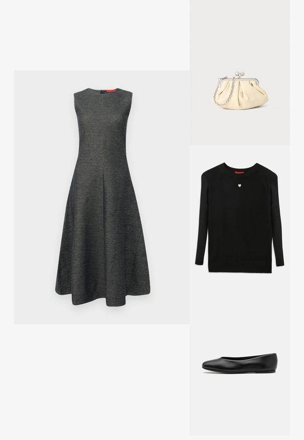 Zwarte brei trui met lange mouwen, ronde hals en een klein wit hart op de borst. Zachte textuur met geribbelde boorden en onderzoom.; Grijze mouwloze jurk met een uitlopende silhoeët, gemaakt van een gestructureerde stof. Voorzien van een verborgen ritssluiting aan de achterkant en een gladde halslijn.; Paul Smith TOPANGA - Ballerina's - black; Geplooide beige leren clutch met een zilveren metalen frame, voorzien van twee ronde decoratieve sluitingen en een zilveren kettingriem.