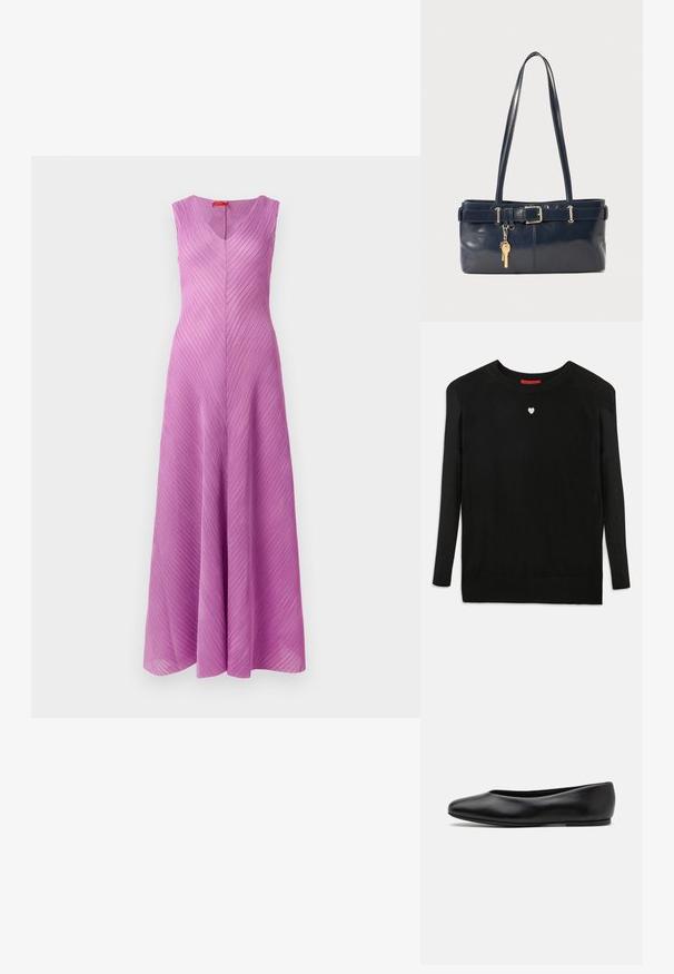 Mustaa neulepaitaa, jossa on pitkät hihat, pyöreä pääntie ja pieni valkoinen sydän rinnassa. Pehmeä rakenne ja ribbiohristukset hihansuissa sekä helmassa.; Hihaton, V-pääntie mekko vaaleanliilassa värissä, jossa on vinoja poimuja, valuva siluetti ja sileä rakenne.; Paul Smith TOPANGA - Ballerinat - black; La handbagin sininen nahka, jossa on kaksi pitkää kahvaa, Buckle-yksityiskohta ja avaimenperä kiinnitettynä. Sen pinta on sileä ja muoto on suorakulmainen.