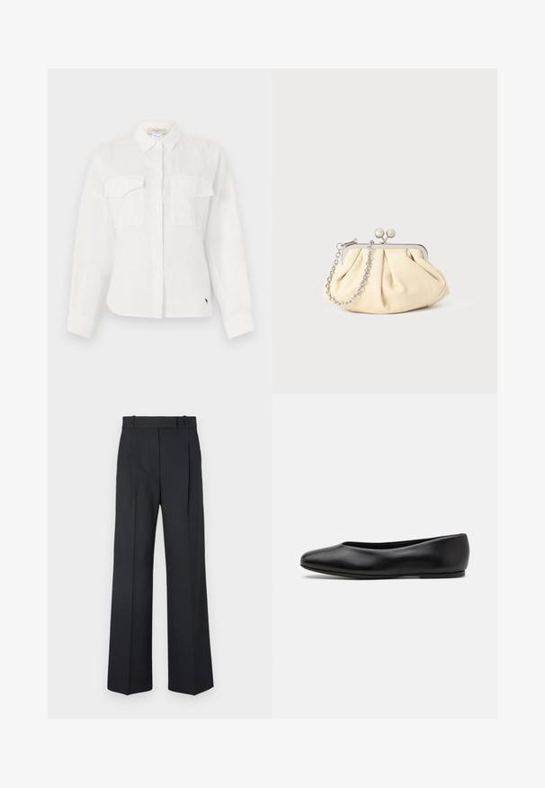 Sort striktrøje med lange ærmer, rund halsudskæring og et lille hvidt hjerte på brystet. Blød tekstur og ribbede manchetter og kant.; Hvid skjorte med knapper lavet af letvægtsstof, med to brystlommer, spids krave og rundet kant. Diskret teksturdetalje.; Mørkeblå stribede bukser med høj talje, vidde bendesign og ingen synlig hardware eller dekorationer. Glat tekstur og skræddersyet pasform.; Paul Smith TOPANGA - Ballerinasko - black; Plisseret beige læderclutch med en sølvmetalramme, der har to runde dekorative låse og en sølvkædetrasporte.