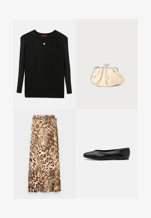 Schwarzer Strickpullover mit langen Ärmeln, Rundhalsausschnitt und einem kleinen weißen Herz auf der Brust. Weiche Textur sowie gerippte Bündchen und Saum.; Leopardenmuster, fließender Maxirock in beige und braunen Tönen mit einem geflochtenen Taillendetail. Glatter Stoff mit einer drapierten Silhouette.; Paul Smith TOPANGA - Klassischer Ballerina - black; Faltige beigefarbene Ledertasche mit einem silbernen Metallrahmen, ausgestattet mit zwei runden dekorativen Verschlüssen und einem silbernen Kettenriemen.