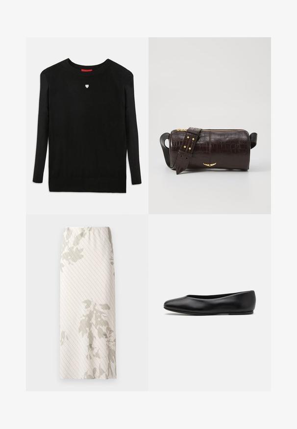 Schwarzer Strickpullover mit langen Ärmeln, Rundhalsausschnitt und einem kleinen weißen Herz auf der Brust. Weiche Textur sowie gerippte Bündchen und Saum.; Weißer Rock mit schmalem Streifenmuster und hellgrauen Blumenmotiven. Elastischer Bund für eine bequeme Passform.; Paul Smith TOPANGA - Klassischer Ballerina - black; Braune, krokodilgeprägte Lederhandtasche mit zylindrischer Form, goldfarbener Hardware und einem abnehmbaren Tragegurt mit Nieten.