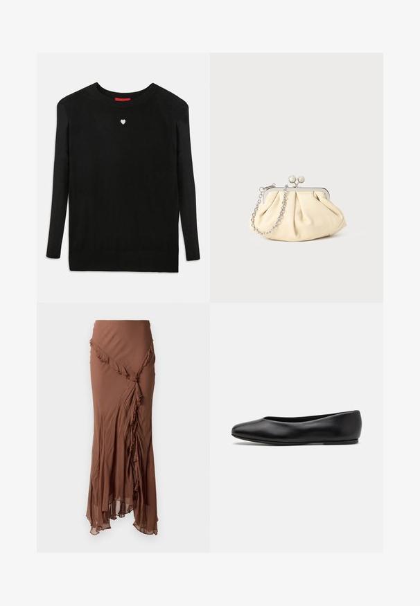 Černý pletený svetr s dlouhými rukávy, kulatým výstřihem a malým bílým srdíčkem na hrudi. Měkká textura a žebrované manžety a spodní lem.; Hnědá dlouhá sukně vyrobená z lehkého materiálu. Má volánkový design podél asymetrického lemu a splývavou siluetu.; Paul Smith TOPANGA - Klasické baleríny - black; Plisovaná béžová kožená kabelka na psaní s rámem ze stříbrného kovu, vybavená dvěma kulatými dekorativními uzávěry a stříbrným řetízkem.