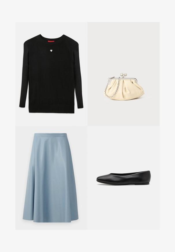 Černý pletený svetr s dlouhými rukávy, kulatým výstřihem a malým bílým srdíčkem na hrudi. Měkká textura a žebrované manžety a spodní lem.; Svetle modrá, rozšířená sukně z hladké látky, s minimalistickým designem, čistým pasem a bez viditelných zapínání.; Paul Smith TOPANGA - Klasické baleríny - black; Plisovaná béžová kožená kabelka na psaní s rámem ze stříbrného kovu, vybavená dvěma kulatými dekorativními uzávěry a stříbrným řetízkem.