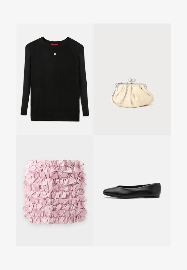 Czarny sweter z dzianiny z długimi rękawami, okrągłym dekoltem i małym białym serduszkiem na klatce piersiowej. Miękka faktura oraz ściągacze na rękawach i u dołu.; Różowa, falbaniasta tkanina z wieloma warstwami miękkiego, satynowego wykończenia z marszczonymi krawędziami. Prostokątny kształt o bogatym, jednolitym kolorze.; Paul Smith TOPANGA czarny; Złożona beżowa skórzana kopertówka z srebrną metalową ramą, z dwoma okrągłymi dekoracyjnymi zapięciami i srebrnym łańcuszkiem.