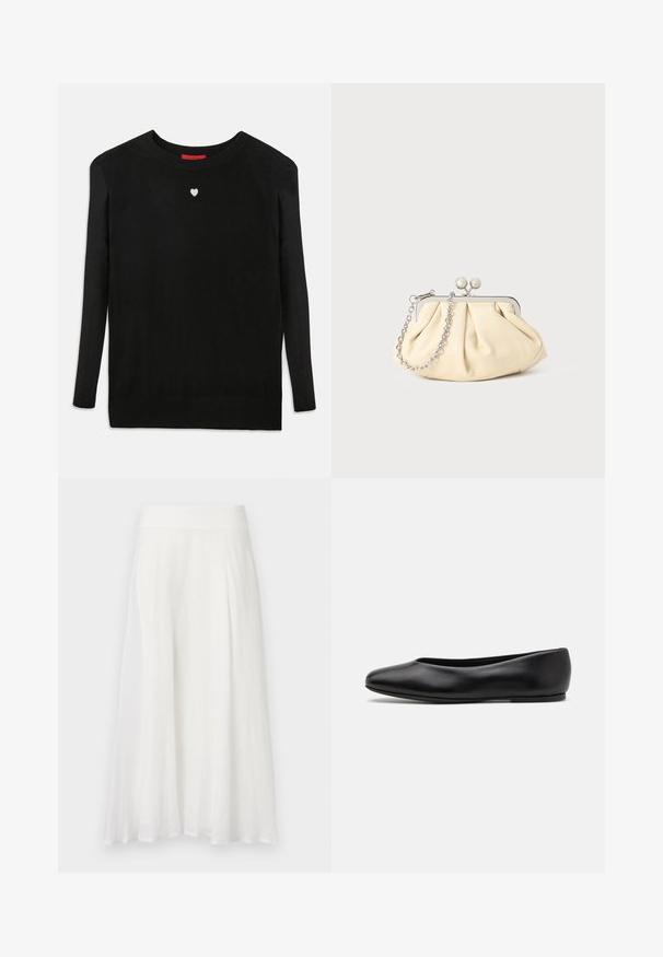 Maglione nero lavorato a maglia con maniche lunghe, scollo a girocollo e un piccolo cuore bianco sul petto. Tessuto morbido con polsini e orlo a coste.; Gonna bianca al ginocchio realizzata in tessuto leggero, con una superficie liscia e non testurizzata e una semplice cintura elastica.; Paul Smith TOPANGA - Ballerine - black; Clutch in pelle beige plissettata con una struttura in metallo argento, dotata di due chiusure decorative rotonde e una tracolla in catena argentata.