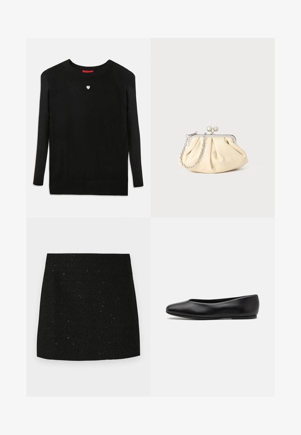 Černý pletený svetr s dlouhými rukávy, kulatým výstřihem a malým bílým srdíčkem na hrudi. Měkká textura a žebrované manžety a spodní lem.; Černá strukturovaná mini sukně s jemnými lesklými tečkami, rovného střihu, bez viditelných ozdob nebo vzorů.; Paul Smith TOPANGA - Klasické baleríny - black; Plisovaná béžová kožená kabelka na psaní s rámem ze stříbrného kovu, vybavená dvěma kulatými dekorativními uzávěry a stříbrným řetízkem.