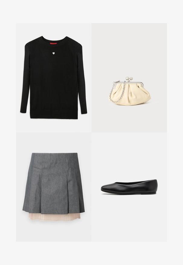 Schwarzer Strickpullover mit langen Ärmeln, Rundhalsausschnitt und einem kleinen weißen Herz auf der Brust. Weiche Textur sowie gerippte Bündchen und Saum.; Grauer, plissierter Rock mit strukturierter Oberfläche, versehen mit einer halbtransparenten, hellrosa plissierten Unterlage und einem seitlichen Reißverschluss.; Paul Smith TOPANGA - Klassischer Ballerina - black; Faltige beigefarbene Ledertasche mit einem silbernen Metallrahmen, ausgestattet mit zwei runden dekorativen Verschlüssen und einem silbernen Kettenriemen.