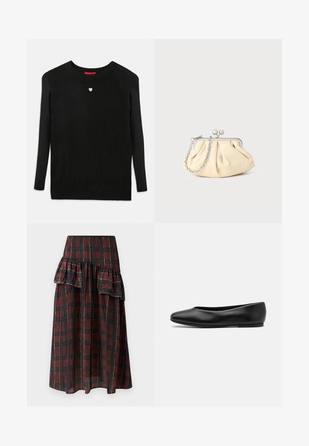 Suéter negro de punto con mangas largas, cuello redondo y un pequeño corazón blanco en el pecho. Textura suave y puños y bajo acanalados.; Falda maxi en patrón de cuadros en rojo oscuro y negro, con volantes en capas en la cintura, hecha de tela ligera con una textura suave.; Paul Smith TOPANGA - Bailarinas - black; Clutch de cuero beige plisado con un marco de metal plateado, que cuenta con dos broches decorativos redondos y una correa de cadena plateada.