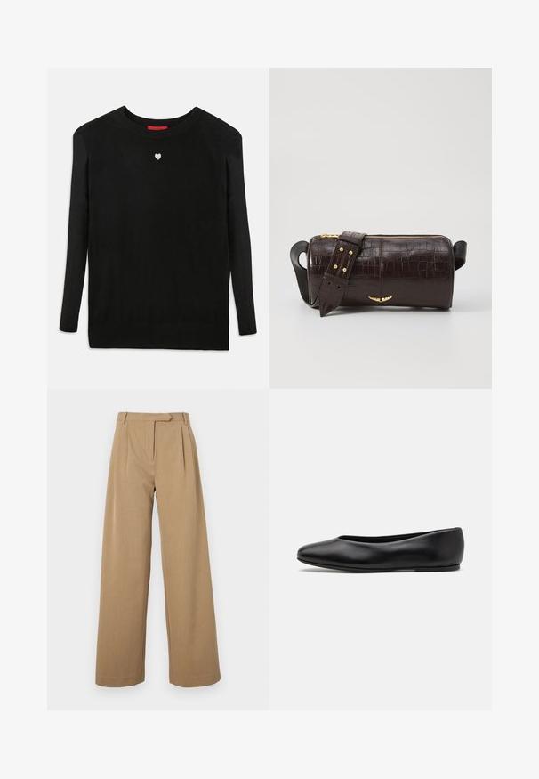 Černý pletený svetr s dlouhými rukávy, kulatým výstřihem a malým bílým srdíčkem na hrudi. Měkká textura a žebrované manžety a spodní lem.; Široké kalhoty v světle hnědé barvě, vyrobené z texturované látky. Mají přední skládané detaily a přiléhavý pas. Jednoduchý design bez viditelného hardwaru.; Paul Smith TOPANGA - Klasické baleríny - black; Hnědá kabelka z krokodýlí kůže s embosováním, cylindrického tvaru, se zlacenými kovovými prvky a odnímatelným popruhem se hroty.
