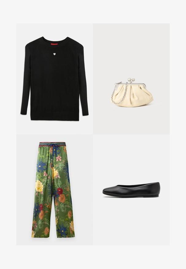 Black knit sweater with long sleeves, crew neckline, and a small white heart on the chest. Soft texture and ribbed cuffs and hem.; Green floral pants with a wide leg design, featuring multicolored patterns of flowers and swirling vines. Elastic waistband with drawstring.; Paul Smith TOPANGA - Ballet pumps - black; Pleated beige leather clutch with a silver metal frame, featuring two round decorative clasps and a silver chain strap.