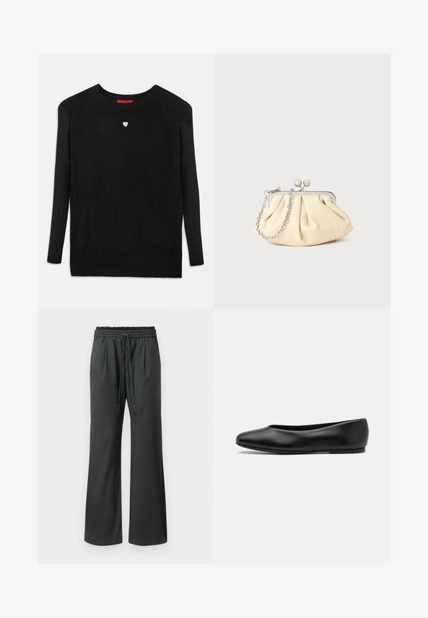 Black knit sweater with long sleeves, crew neckline, and a small white heart on the chest. Soft texture and ribbed cuffs and hem.; Black wide-leg pants with elastic waistband and long drawstrings, displayed on a plain white background.; Paul Smith TOPANGA - Ballet pumps - black; Pleated beige leather clutch with a silver metal frame, featuring two round decorative clasps and a silver chain strap.
