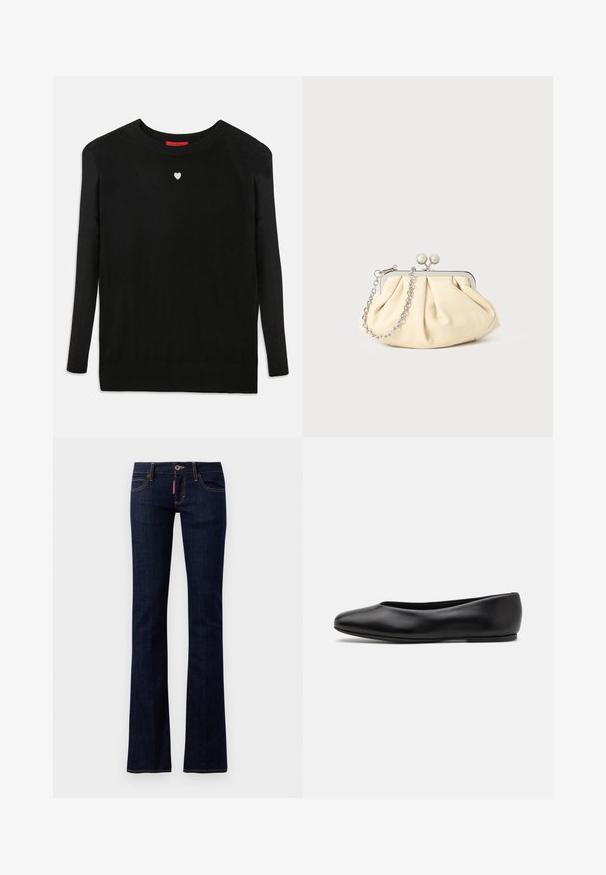 Mustaa neulepaitaa, jossa on pitkät hihat, pyöreä pääntie ja pieni valkoinen sydän rinnassa. Pehmeä rakenne ja ribbiohristukset hihansuissa sekä helmassa.; Tummansiniset farkut, joissa on liehukkeet, normaali viisi-taskuinen muotoilu, näkyvät ompeluyksityiskohdat ja nappikiinnitys vyötäröllä.; Paul Smith TOPANGA - Ballerinat - black; Beige nahkaista kassi, jossa on laskostus ja hopeinen metallirunko, kaksi pyöreää koristeellista solkea sekä hopeaketjuolkayh.