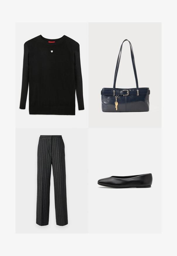 Schwarzer Strickpullover mit langen Ärmeln, Rundhalsausschnitt und einem kleinen weißen Herz auf der Brust. Weiche Textur sowie gerippte Bündchen und Saum.; Dunkelgraue weit geschnittene Hose mit Streifenmuster, aus einem strukturierten Stoff gefertigt. Verfügt über einen geraden Schnitt und ein klassisches Taillenbanddesign.; Paul Smith TOPANGA - Klassischer Ballerina - black; Marineblaue Lederhandtasche mit zwei langen Griffen, einer Schnallen-Detailierung und einem daran befestigten Schlüsselanhänger. Besitzt eine glatte Textur und eine rechteckige Form.