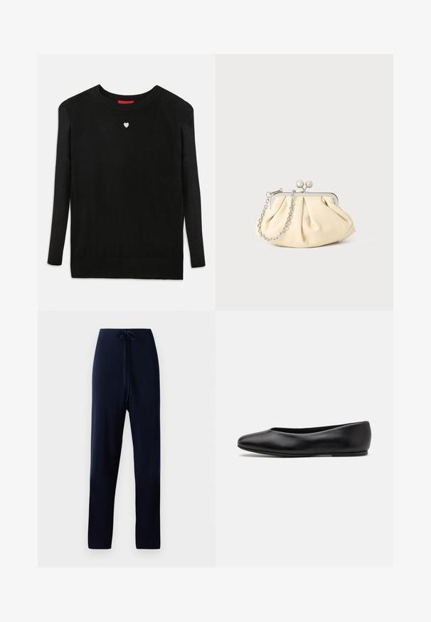 Black knit sweater with long sleeves, crew neckline, and a small white heart on the chest. Soft texture and ribbed cuffs and hem.; Navy blue trousers made of soft fabric, featuring a drawstring waist, straight legs, and a smooth texture without patterns or accents.; Paul Smith TOPANGA - Ballet pumps - black; Pleated beige leather clutch with a silver metal frame, featuring two round decorative clasps and a silver chain strap.