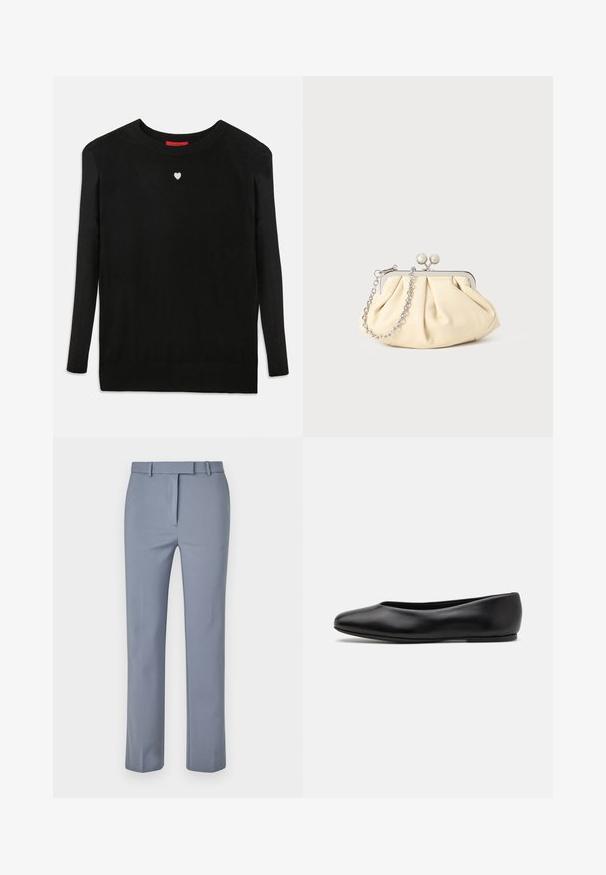 Zwarte brei trui met lange mouwen, ronde hals en een klein wit hart op de borst. Zachte textuur met geribbelde boorden en onderzoom.; Lichtblauwe broek van een gladde stof, met een vlakke voorkant, riemlussen en een op maat gemaakt ontwerp met rechte pijpen.; Paul Smith TOPANGA - Ballerina's - black; Geplooide beige leren clutch met een zilveren metalen frame, voorzien van twee ronde decoratieve sluitingen en een zilveren kettingriem.