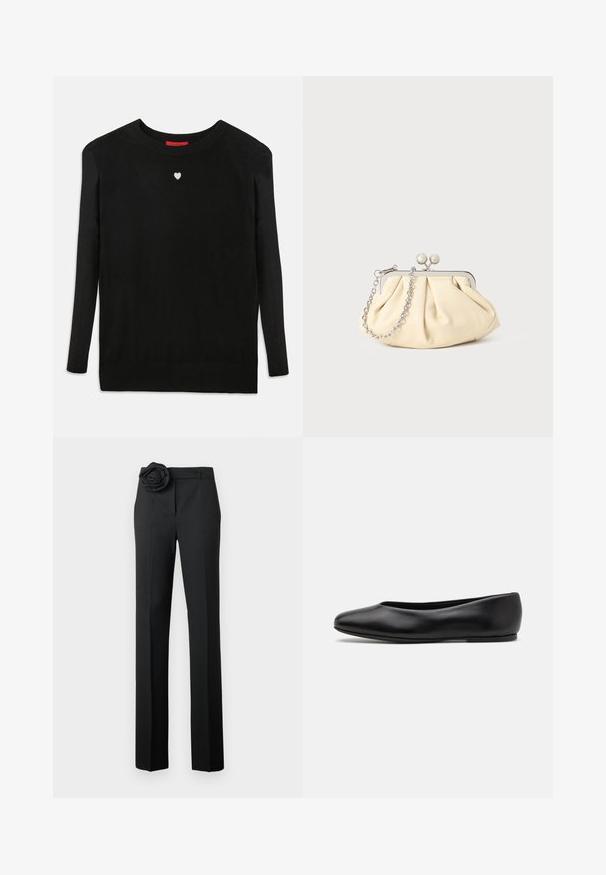 Pull en maille noir à manches longues, col rond, avec un petit cœur blanc sur la poitrine. Texture douce et poignets et ourlet côtelés.; Pantalon noir à coupe ajustée, avec un accent en rose en tissu à la taille, jambes droites et texture lisse.; Paul Smith TOPANGA - Ballerines - black; Pochette en cuir beige plissé avec un cadre en métal argenté, dotée de deux fermoirs ronds décoratifs et d'une chaîne en argent.