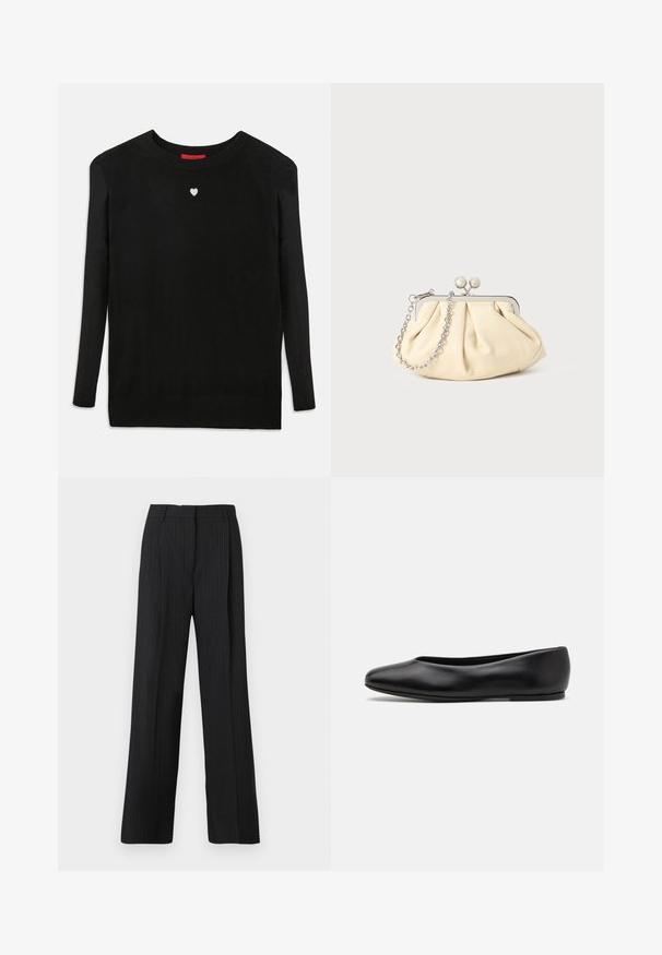 Black knit sweater with long sleeves, crew neckline, and a small white heart on the chest. Soft texture and ribbed cuffs and hem.; Black pinstriped trousers with a relaxed fit, featuring a flat front, two side pockets, and a smooth fabric texture.; Paul Smith TOPANGA - Ballet pumps - black; Pleated beige leather clutch with a silver metal frame, featuring two round decorative clasps and a silver chain strap.