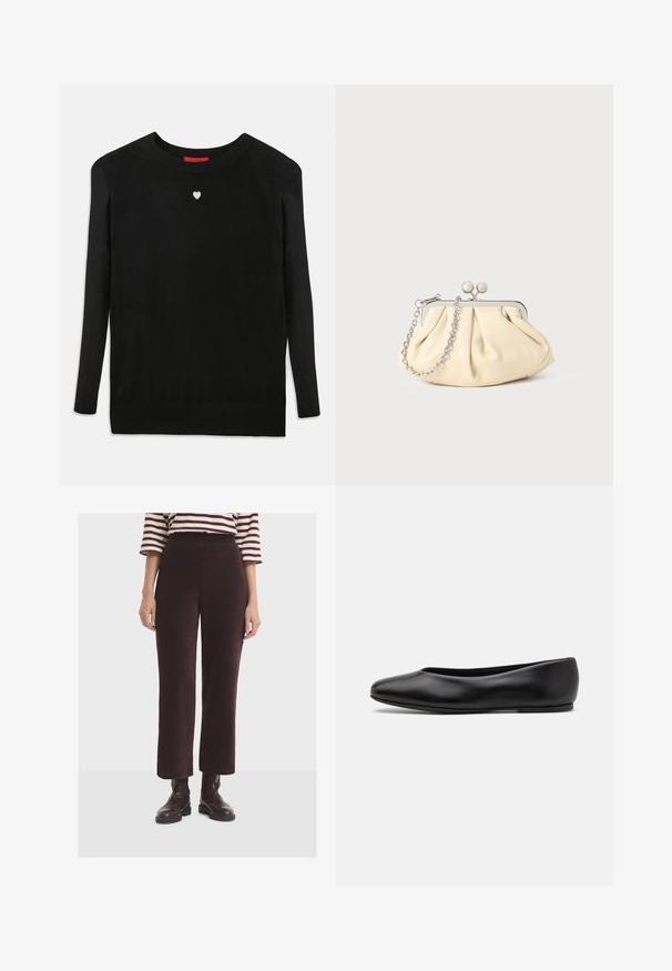Pull en maille noir à manches longues, col rond, avec un petit cœur blanc sur la poitrine. Texture douce et poignets et ourlet côtelés.; Femme portant un pantalon large côtelé marron foncé, des bottines en cuir marron et un chemisier à rayures blanches et bordeaux à manches trois-quarts.; Paul Smith TOPANGA - Ballerines - black; Pochette en cuir beige plissé avec un cadre en métal argenté, dotée de deux fermoirs ronds décoratifs et d'une chaîne en argent.
