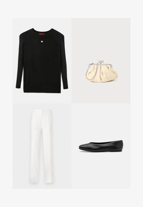 Suéter negro de punto con mangas largas, cuello redondo y un pequeño corazón blanco en el pecho. Textura suave y puños y bajo acanalados.; Pantalones blancos de pierna recta hechos de una tela ligera. Presentan una parte frontal plana, presillas para el cinturón y sin patrones o decoraciones visibles.; Paul Smith TOPANGA - Bailarinas - black; Clutch de cuero beige plisado con un marco de metal plateado, que cuenta con dos broches decorativos redondos y una correa de cadena plateada.