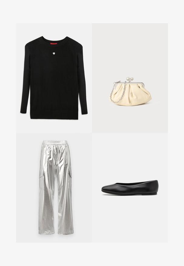 Czarny sweter z dzianiny z długimi rękawami, okrągłym dekoltem i małym białym serduszkiem na klatce piersiowej. Miękka faktura oraz ściągacze na rękawach i u dołu.; MCM - Bojówki; Paul Smith TOPANGA czarny; Złożona beżowa skórzana kopertówka z srebrną metalową ramą, z dwoma okrągłymi dekoracyjnymi zapięciami i srebrnym łańcuszkiem.