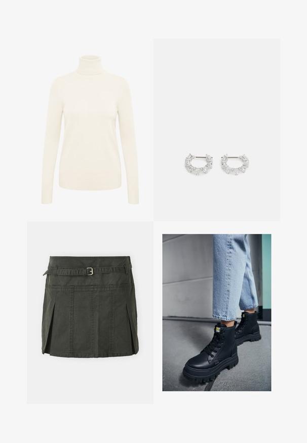 Pull à col roulé crème fabriqué à partir d'un tissu en maille doux. Il dispose de manches longues et de poignets et d'un ourlet côtelés.; Jupe mini en coton vert foncé avec une taille cintrée, une ceinture et des plis sur le devant. Présente des détails de couture et une coupe classique.; Bottines montantes noires en cuir texturé, avec une semelle en caoutchouc épaisse et des lacets noirs, associées à un jean en denim bleu clair retroussé.; Boucles d'oreilles en argent en forme de créoles avec des cristaux clairs, rectangulaires et triangulaires disposés en motif. Fermeture à tige pour un maintien sûr.