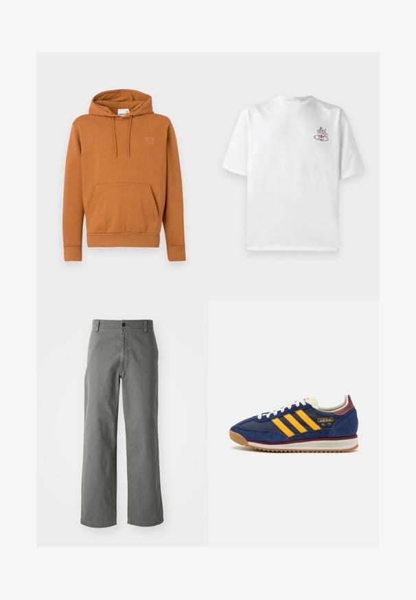 Hoodie de algodão castanho com um bolso frontal, capuz com cordão e punhos canelados. Apresenta um pequeno logótipo da marca bordado no peito.; T-shirt branca de algodão com mangas curtas, apresentando um gráfico de uma pequena chávena de café rosa e preta na área do peito esquerdo.; Calças de algodão cinzentas com um design de perna reta, apresentando fechamento por botão e passadores de cinto, textura suave e sem padrões ou detalhes visíveis.; Sneaker de camurça azul-marinho com riscas amarelas, atacadores brancos e realces em bordeaux. Sola texturizada com relevos para aderência. Logótipo da marca de lado.