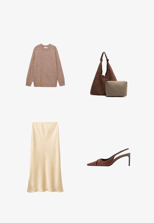Lila gebreide trui met een ronde hals, lange raglanmouwen en een relaxed fit. Zachte textuur en geen zichtbare patronen of accenten.; Satin midi-rok in een lichtbeige kleur. Gladde textuur, vloeiende uitstraling met een licht uitlopende zoom. Geen zichtbare sluitingen of versieringen.; Bruine leren slingback hakken met een spitse neus, uitsnijding bij de bovenkant en een elegante stilettohak. Glad oppervlak.; Bruine suède schoudertas met een knoopriem, voorzien van een kleine beige ritstas. De tas heeft een zachte textuur en een eenvoudig ontwerp.