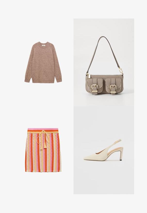 Mauve gestrickter Pullover mit rundem Ausschnitt, langen Raglanärmeln und lockerer Passform. Weiche Textur und keine sichtbaren Muster oder Akzente.; Strickrock mit gestreiften Mustern in Orange, Rosa, Creme und Gelb, mit einem Kordelzugbund und dekorativen Quasten.; Beige Leder Slingback-Absätze mit einer spitzen Zehenpartie, offenem Seitendesign und einem schlanken hohen Absatz. Enthält einen goldenen Akzent am Riemen.; Beige strukturiertes Handtäschchen mit verstellbarem Tragegurt, zwei vorderen Taschen, die mit Schnallen gesichert sind, und goldenen Metallakzenten. Reißverschlussöffnung oben.