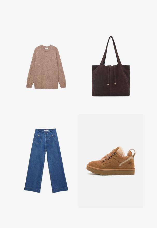 Pull en maille mauve à col rond, avec des manches raglan longues et une coupe décontractée. Texture douce et sans motifs ni accents visibles.; Jeans en denim à jambes larges avec un délavage bleu moyen, deux poches avant avec fermetures à bouton, et des détails cousus le long des ourlets.; Baskets en suède marron avec des accents en mesh, des lacets texturés et une semelle en caoutchouc ; comportent un col rembourré et une languette à l'arrière.; Mango Cabas - dark brown