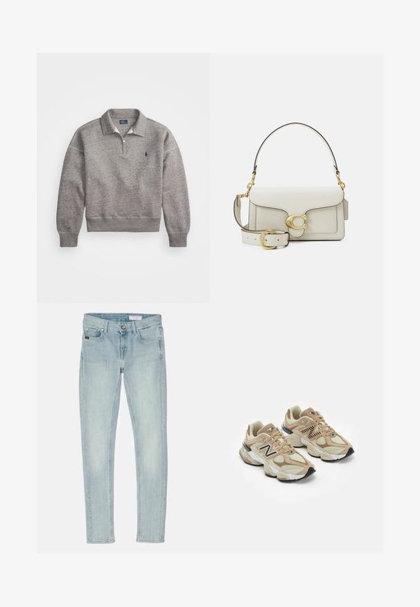 Szürke pulóver félcipzárral, bordázott mandzsettákkal és egy kicsi hímzett logóval a mellrészen. Puha pamutkeverék anyag.; Fehér ing, álló gallérral, hosszú ujjakkal, bal mellen egy kis kék logóval. Pamut anyagból készült.; Világoskék, skinny farmernadrág, gombos záródással, öt zsebbel, és enyhe kopással a combon és a térdeken.; Beige sportcipők hálós és bőrszövet anyagból. Fekete logóval és texturált részletekkel rendelkezik. Vastag fehér középtalpa és fekete gumi talpa van.; Fehér bőr kézitáska arany színű fémalkatrészekkel, fedéllel záródik, levehető, állítható pánttal. Középen lekerekített fém díszítés.